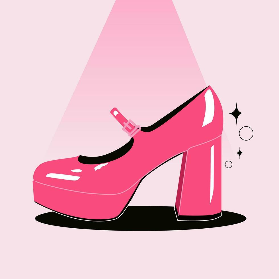 roze achtergrond. tekenfilm, vlak ontwerp, vector illustratie. glamoureus roze hoge hakken schoenen. luxe schoenen