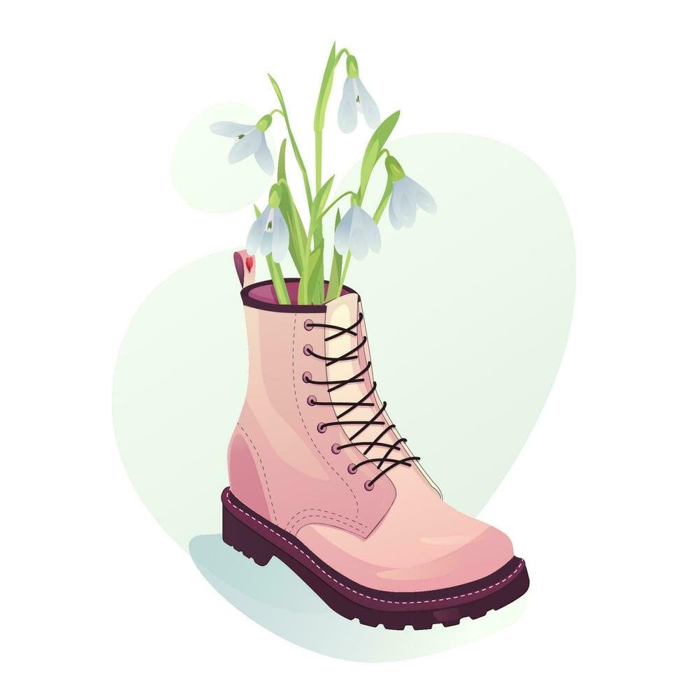 eerste voorjaar bloemen. sneeuwklokjes in een schoen concept vector