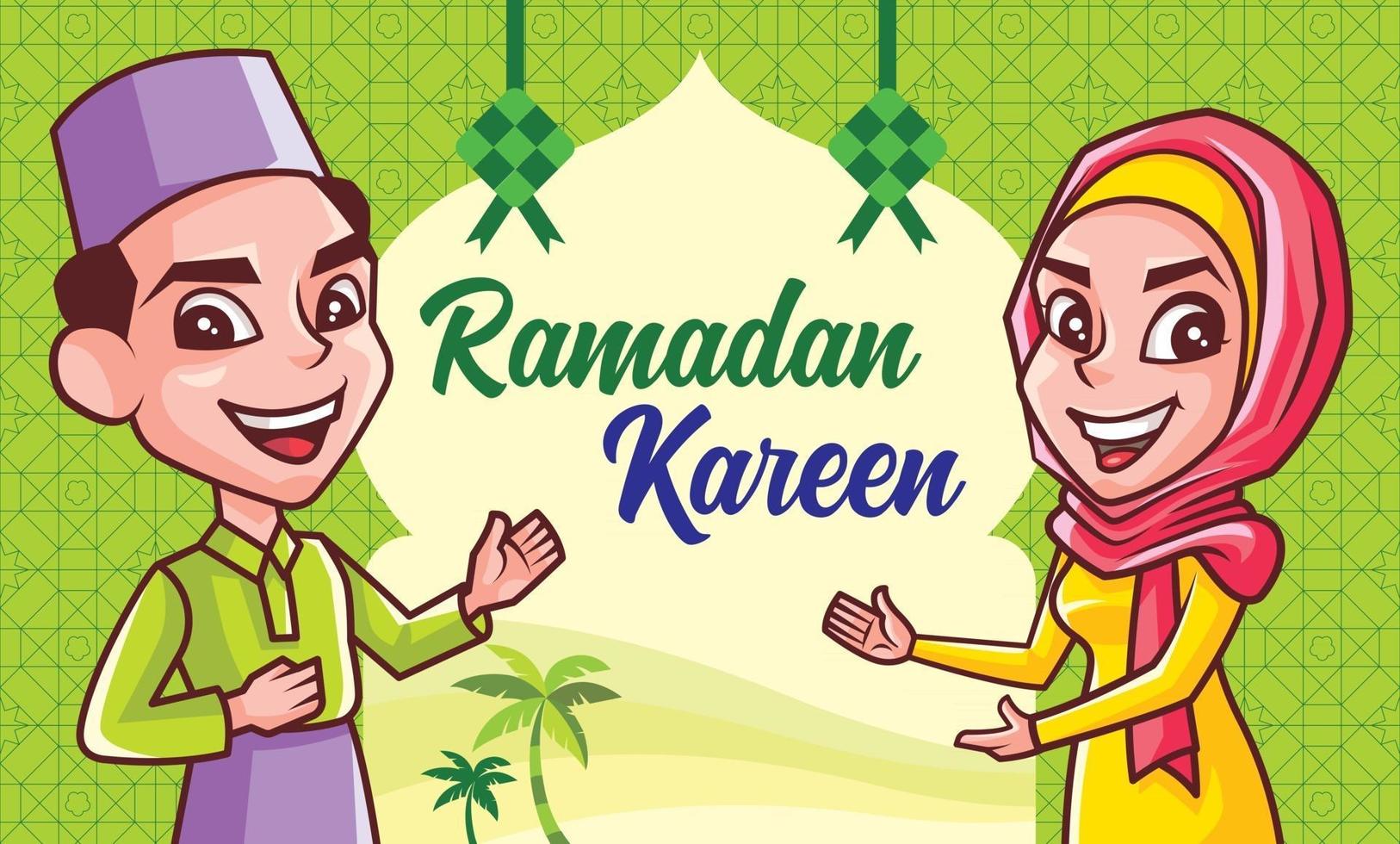 moslimgebeden die hari raya aidilfitri vieren met islamitische decoratie vector