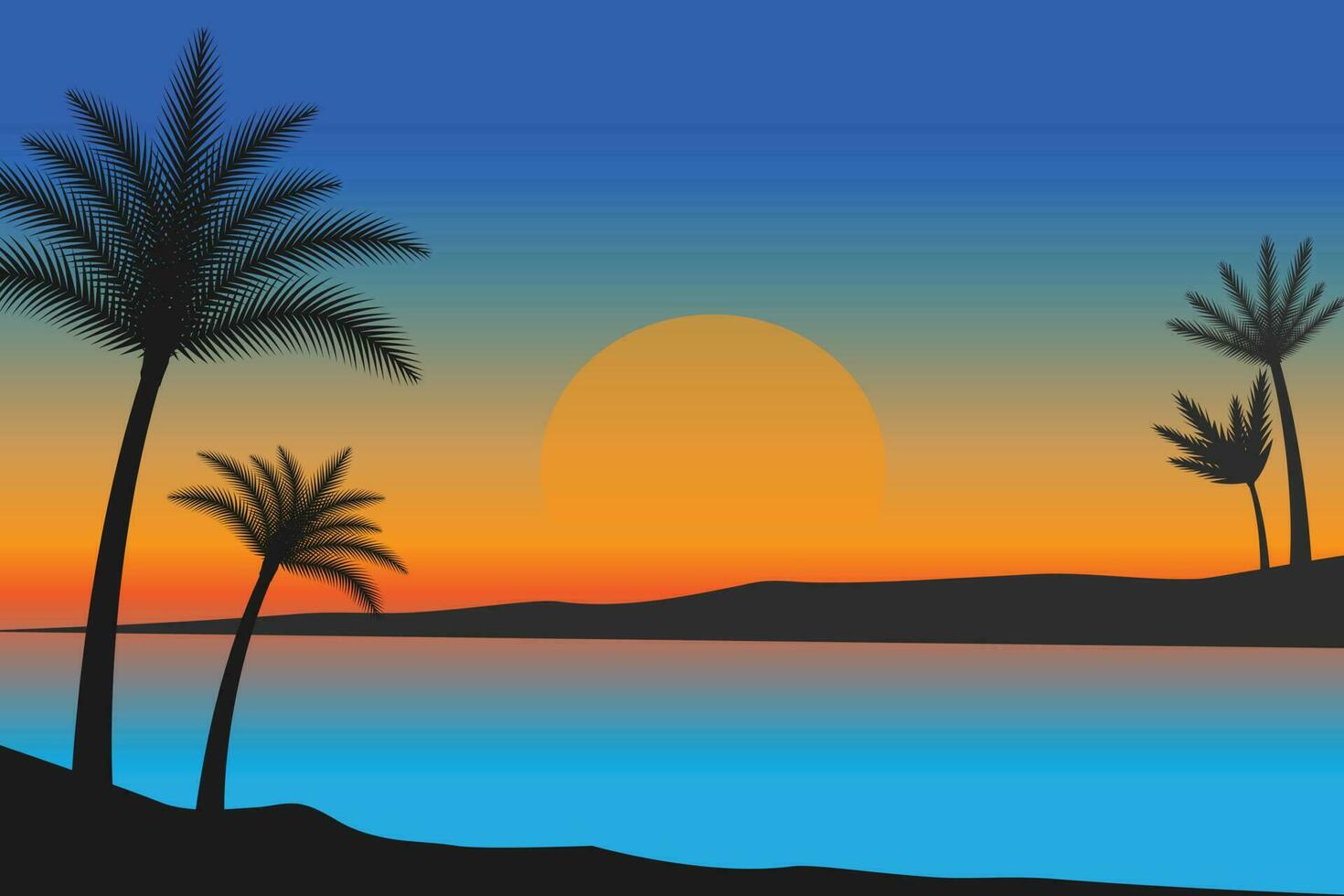 zomer zonsondergang strand vector achtergrond, zonsondergang tafereel landschap achtergrond, tropisch strand landschap illustratie, zonsondergang strand met palm bomen vector achtergrond, helling strand landschap achtergrond