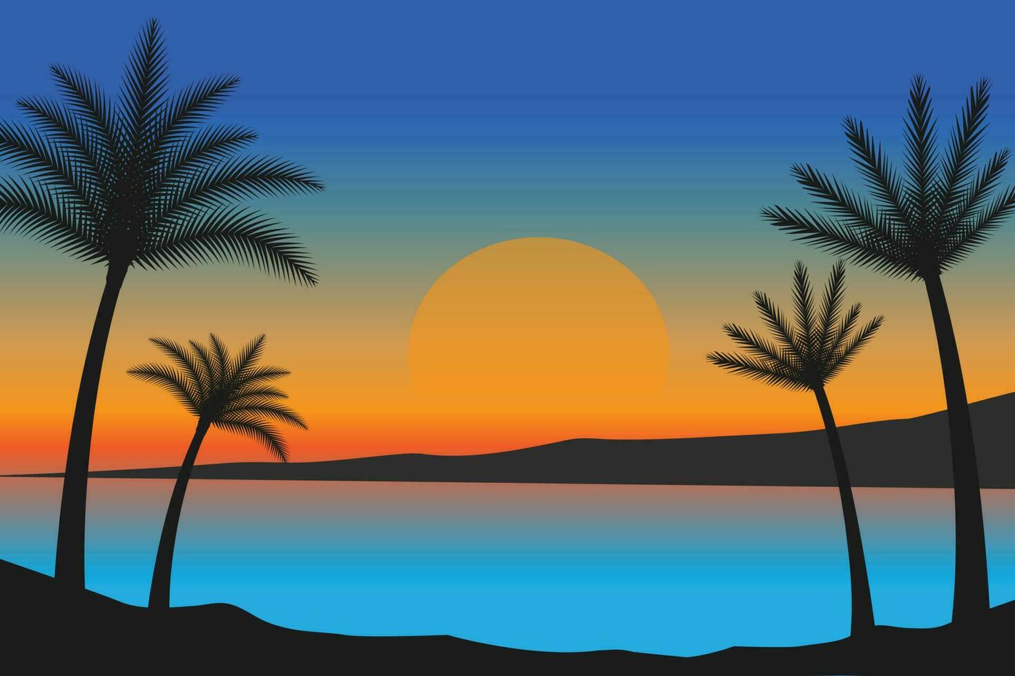 zomer zonsondergang strand vector achtergrond, zonsondergang tafereel landschap achtergrond, tropisch strand landschap illustratie, zonsondergang strand met palm bomen vector achtergrond, helling strand landschap achtergrond