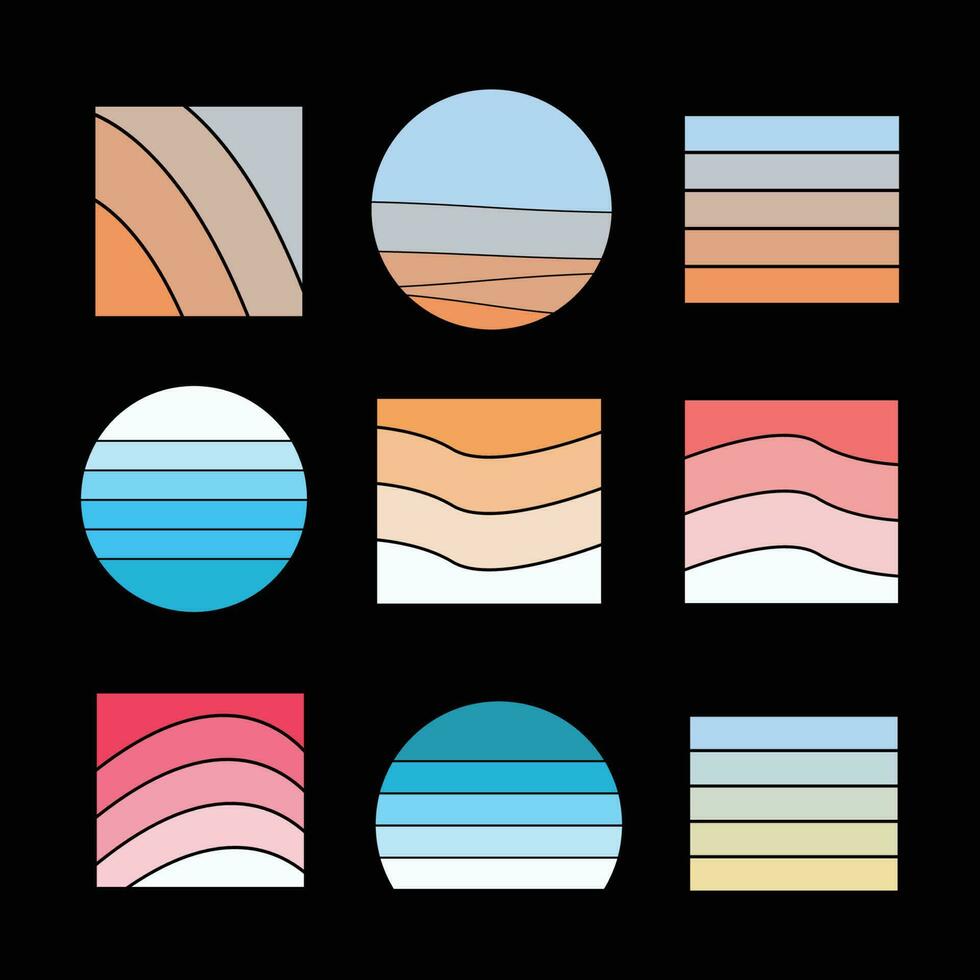 reeks van wijnoogst retro zonsondergang illustraties vector achtergrond, jaren 70 80s oud kleur, verschillend vorm retro zonsondergang stijl verzameling ontwerp element voor t-shirt, poster, afdrukken, wijnoogst retro stijl