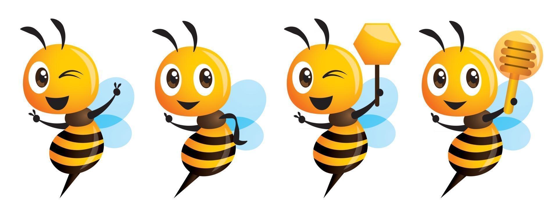 cartoon schattige bijenserie die overwinningsteken toont met honing Beer en honingraat vector