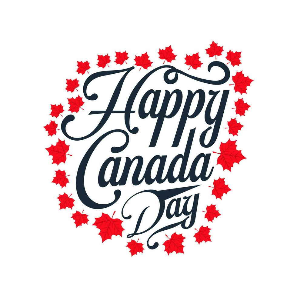 gelukkig Canada dag vakantie uitnodiging ontwerp. rood blad geïsoleerd Aan een wit achtergrond. groet kaart met hand- getrokken schoonschrift belettering. concept van gelukkig Canada dag. vector