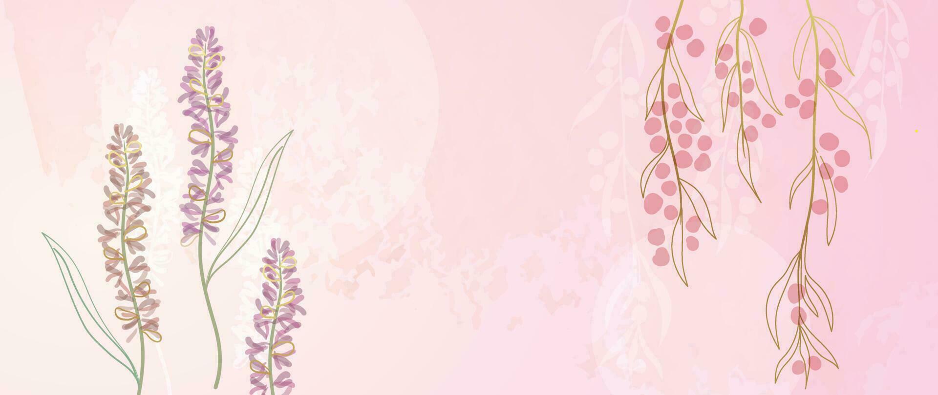 voorjaar bloemen in waterverf vector achtergrond. luxe bloem behang ontwerp met lavendel bloemen, lijn kunst, gouden textuur. elegant goud botanisch illustratie geschikt voor kleding stof, afdrukken, omslag.