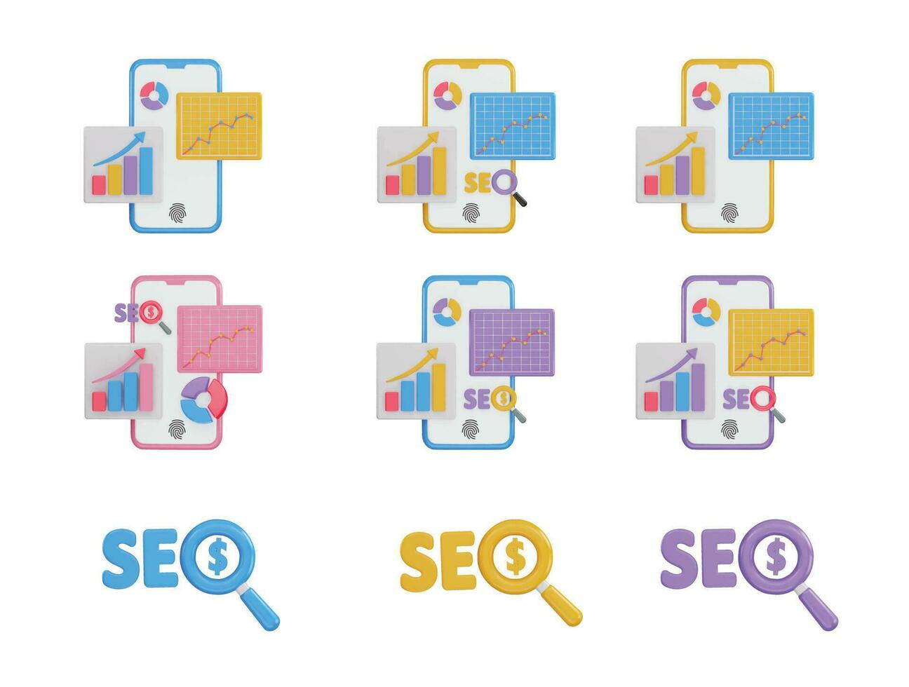 telefoon scherm dat heeft een tabel en diagram met seo optimalisatie icoon 3d renderen vector illustratie reeks