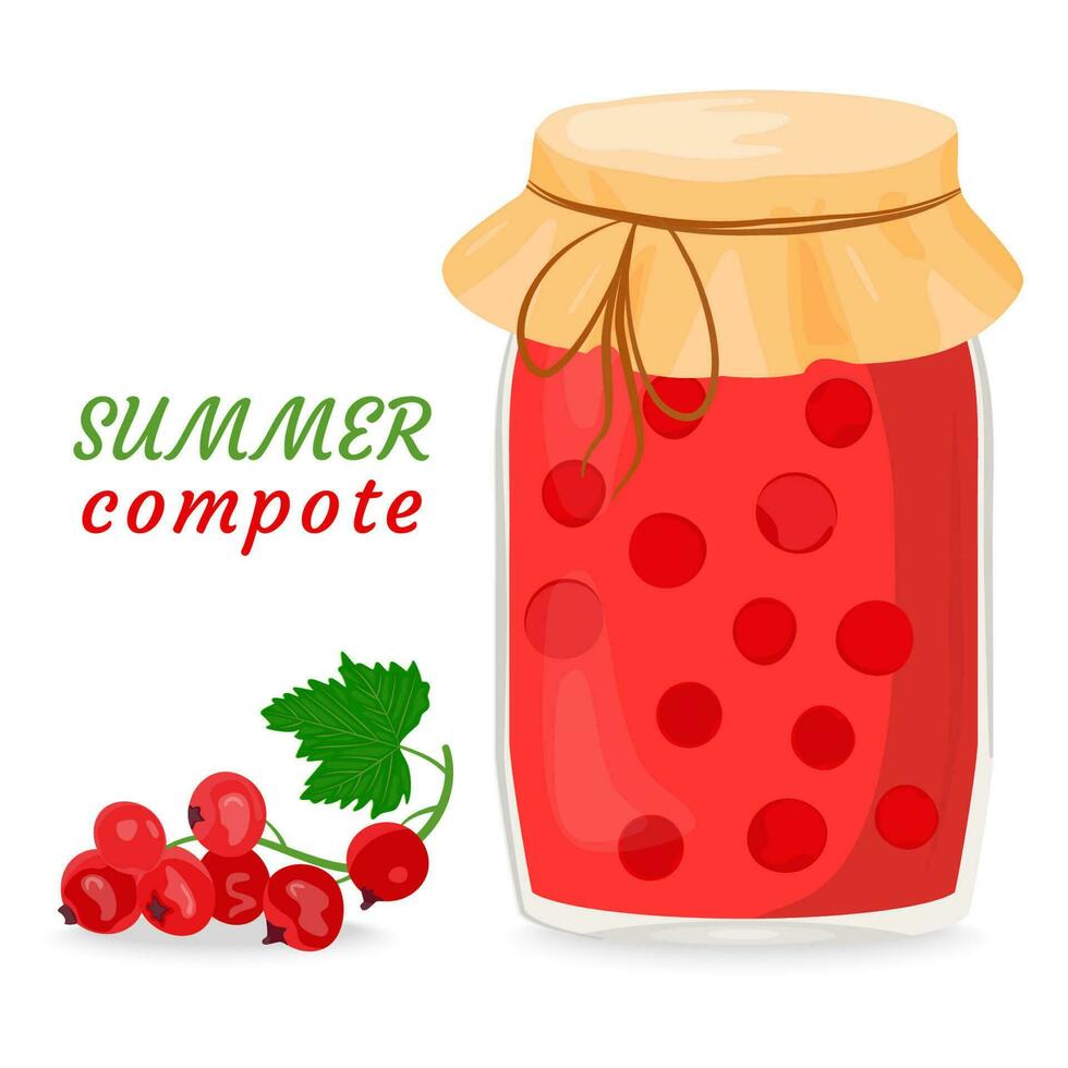 rood bes compote, jam of gelei in een glas kan. ingeblikt fruit. bessen voor een gezond zomer drankje. behoud voor toekomst gebruiken. vector illustratie voor menu, verpakking ontwerp in vlak stijl.