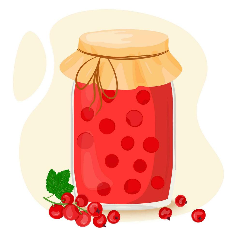 rood bes compote, jam of gelei in een glas kan. ingeblikt fruit. bessen voor een gezond zomer drankje. behoud voor toekomst gebruiken. vector illustratie voor menu, verpakking ontwerp in vlak stijl.