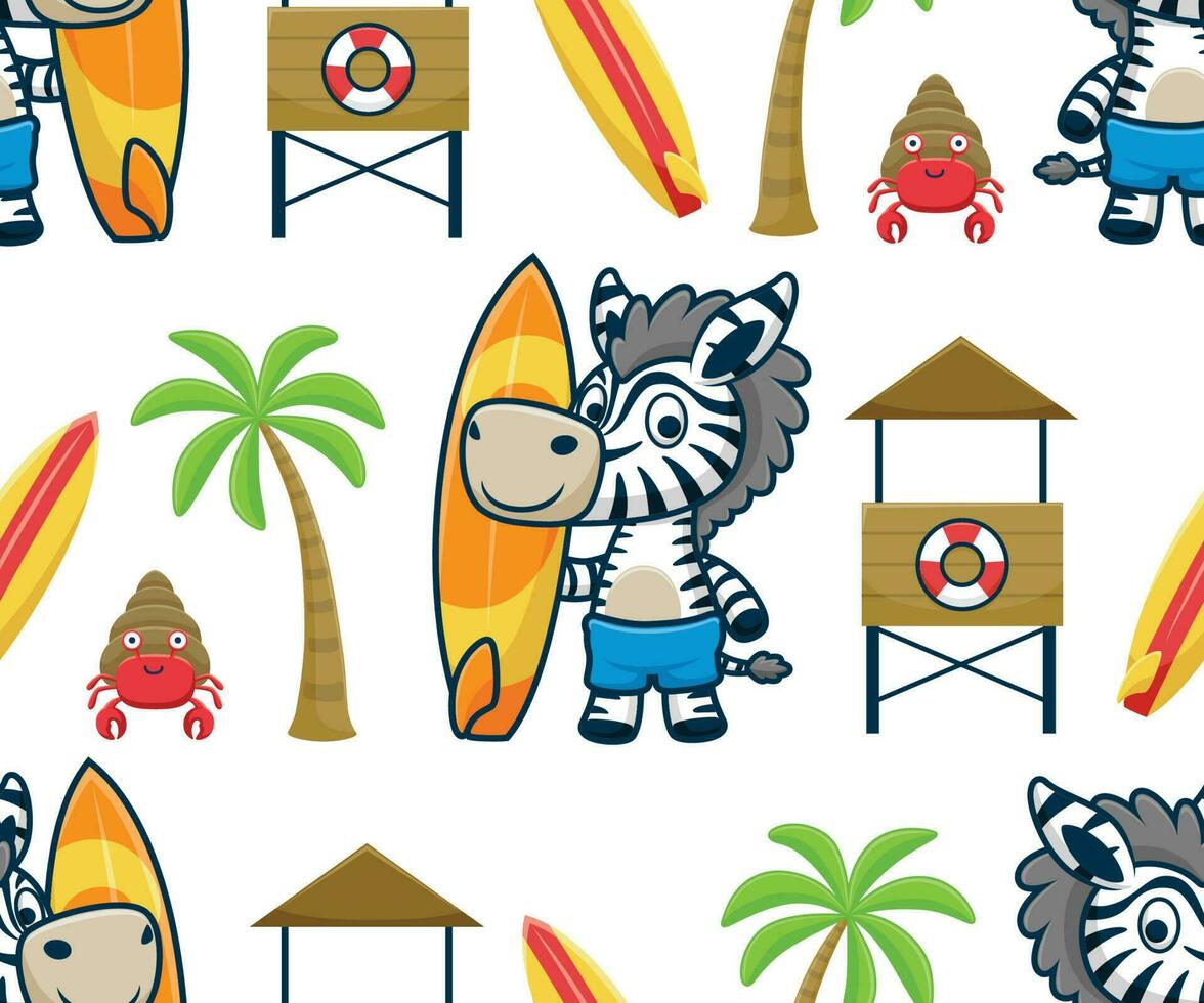 naadloos patroon vector van zebra tekenfilm Holding surfboard met strand vakantie elementen