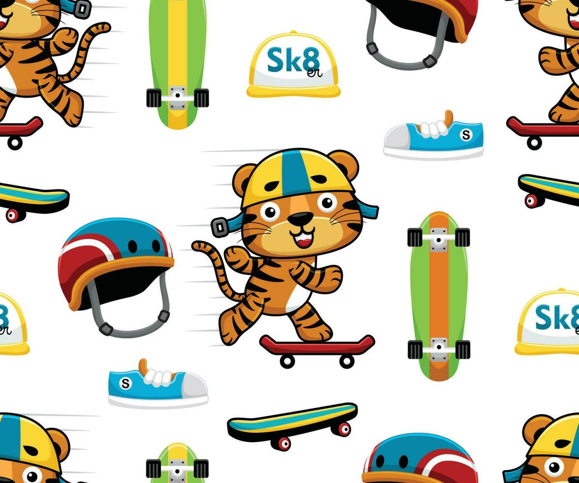 naadloos patroon vector van grappig tekenfilm tijger spelen skateboard, skateboard elementen illustratie