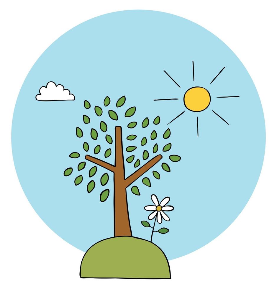 cartoon vectorillustratie van boom kruiden madeliefje en zonnig weer vector