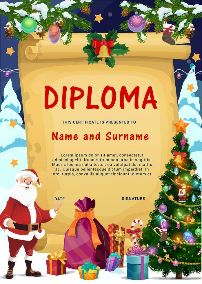 Kerstmis kind diploma sjabloon met de kerstman claus vector