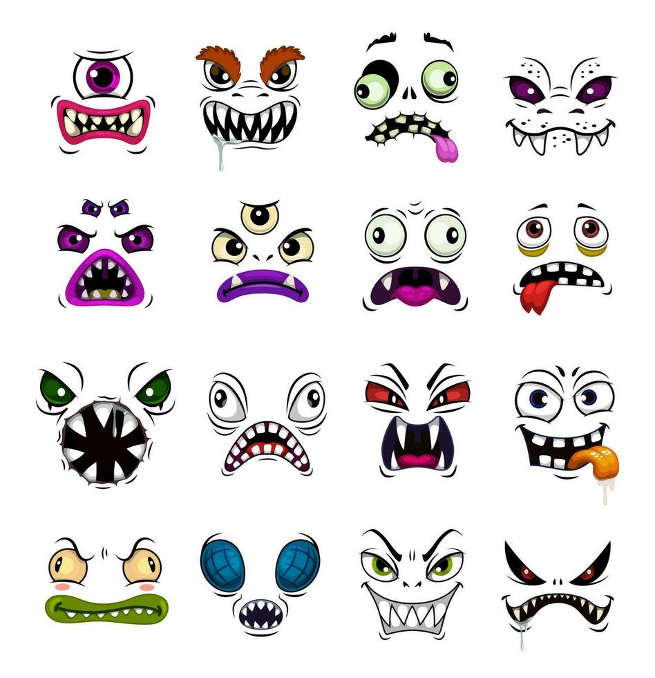 monster gezicht grappig emoticons en emoji's, tekenfilm vector