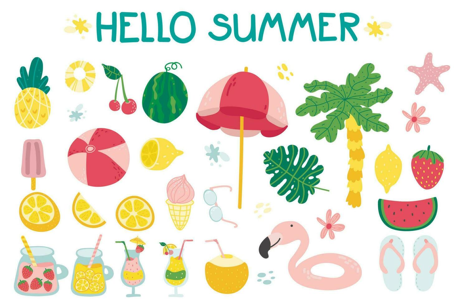 zomerset met schattige strandelementen en belettering cocktail, sap, ijs, fruit, bloemen, palmbomen. hand getekende platte cartoon elementen. poster, kaart, scrapbooking, tag, uitnodiging, sticker kit. vector