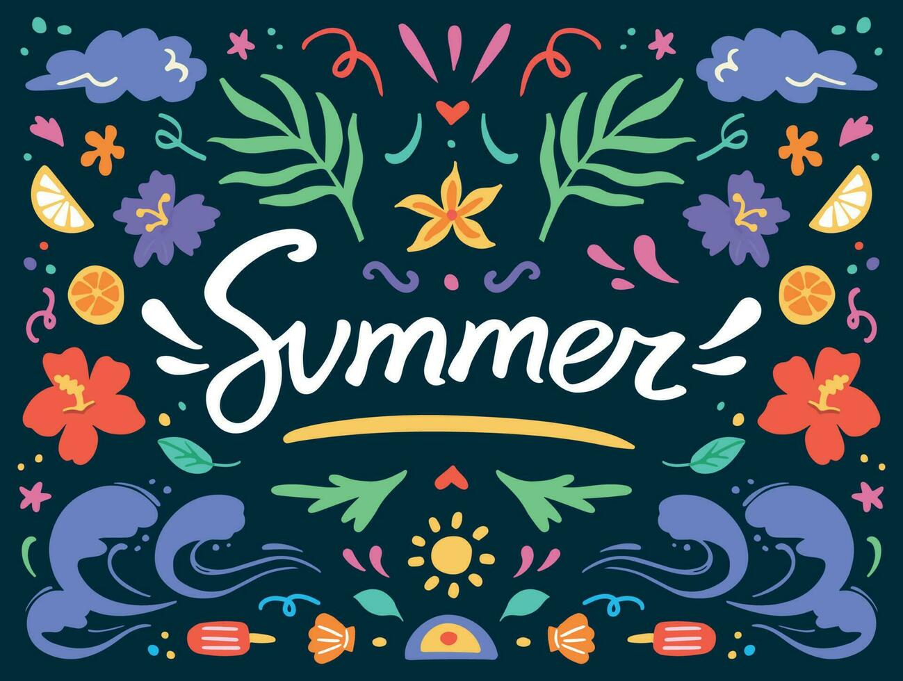 zomer hand- getrokken illustratie met typografie. zomer seizoen ansichtkaart met palm blad, golven, hibiscus, citrus. vector Sjablonen voor kaart, poster, folder, banier