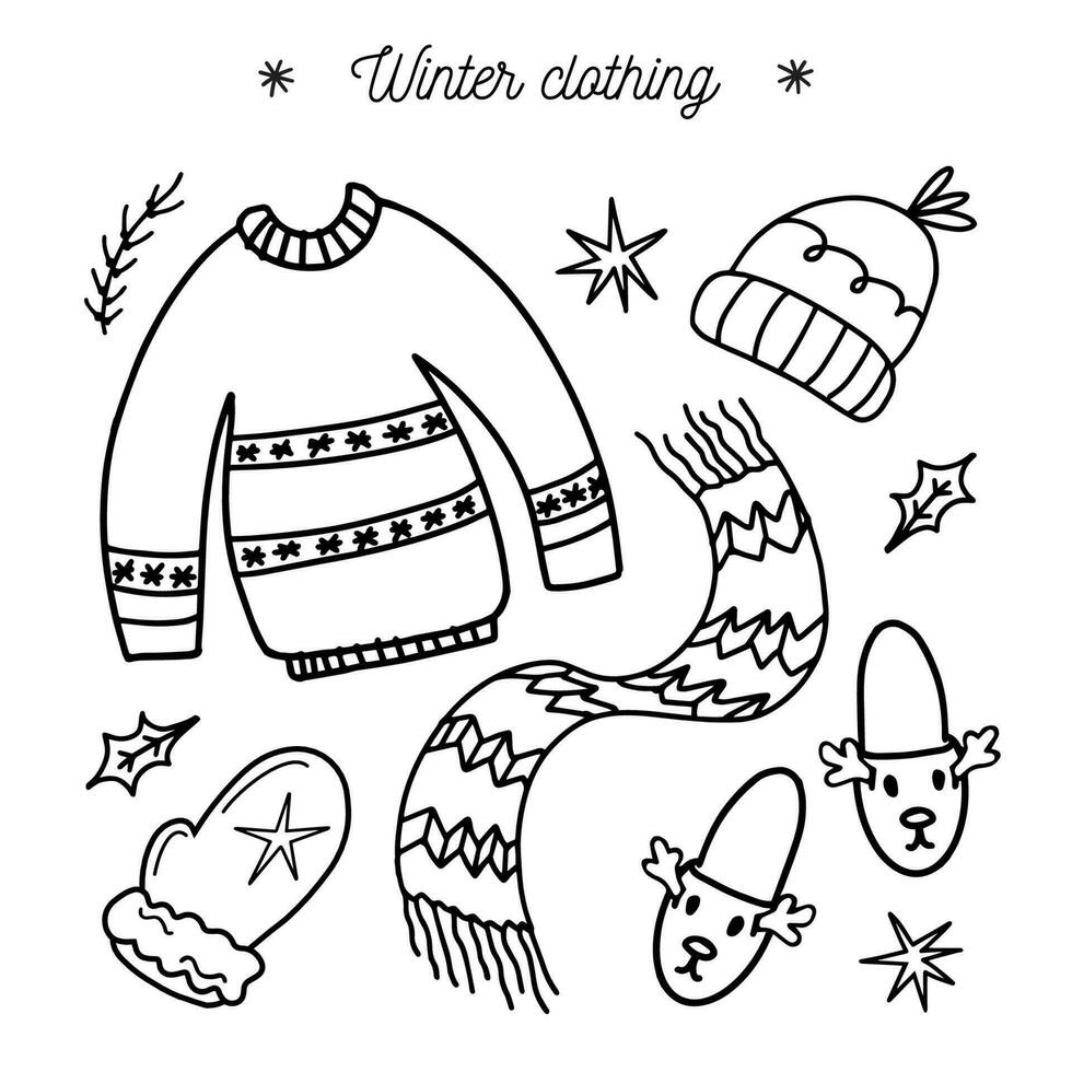 hand- getrokken schets reeks van Kerstmis kleding. feestelijk trui, sjaal, wanten, slippers in tekening stijl vector