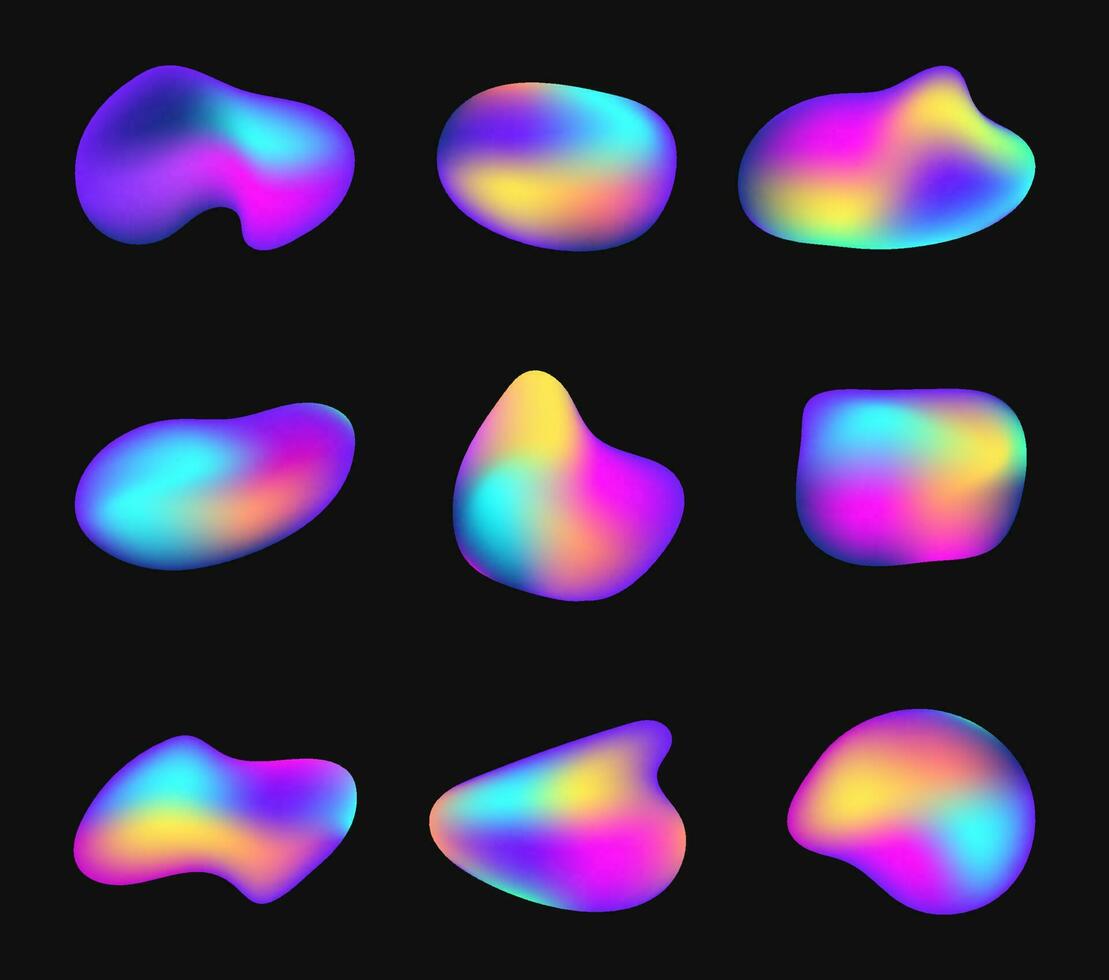 vloeistof holografische of iriserend vormen. helling neon elementen van divers vormen. kleurrijk regenboog bubbels, abstract helder vloeistof vector
