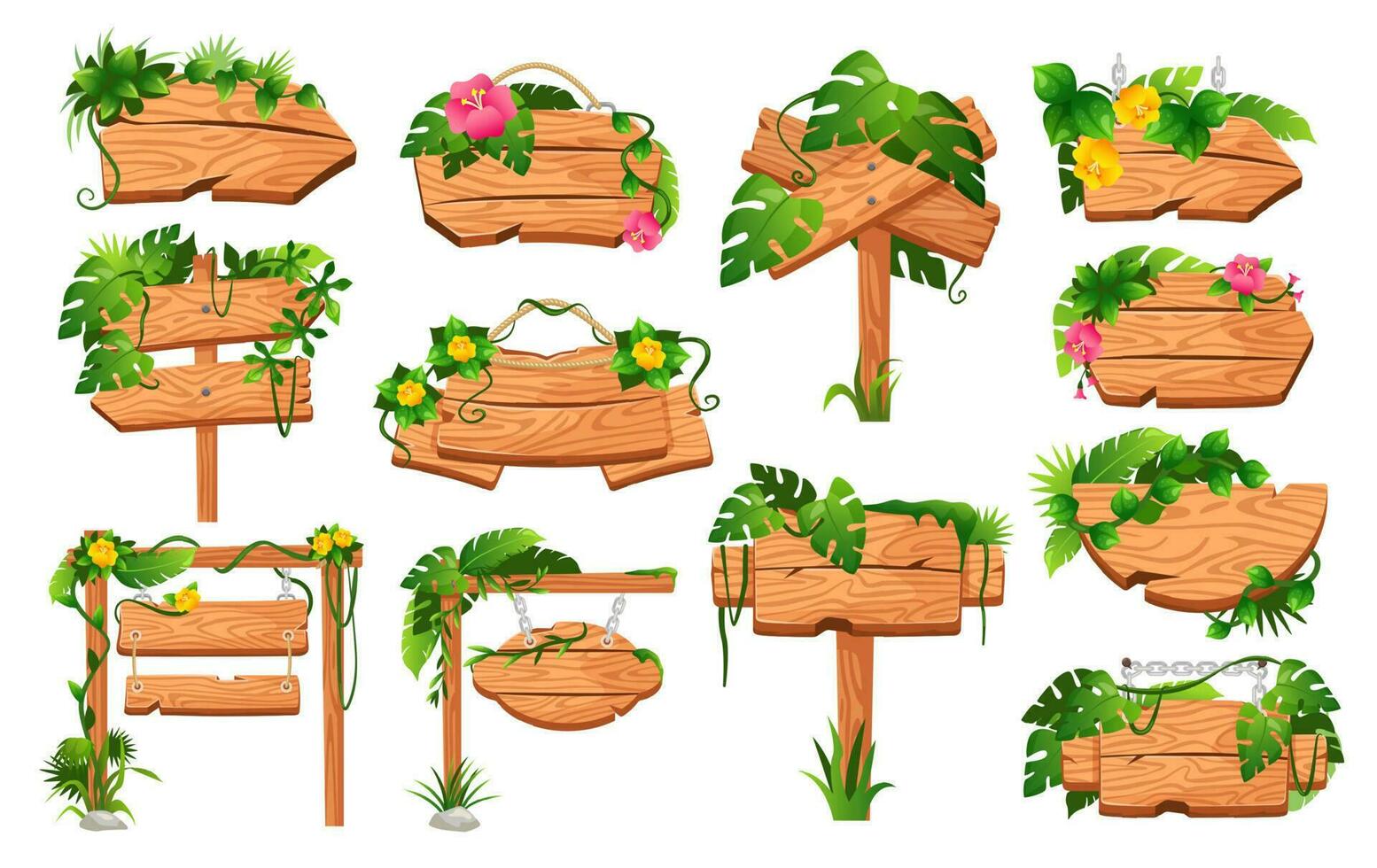 tekenfilm oerwoud hout borden met tropisch bladeren, bloemen en lianen. hangende houten bord, leeg wegwijzer, overwoekerd tekens vector reeks