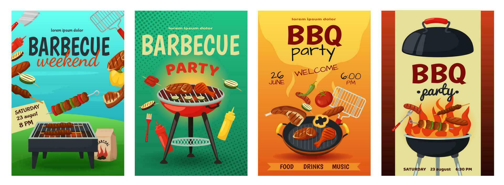 barbecue affiches, bbq rooster partij folder sjabloon. buitenshuis picknick nodig uit, zomer cookout evenement uitnodiging met voedsel Aan grills vector reeks