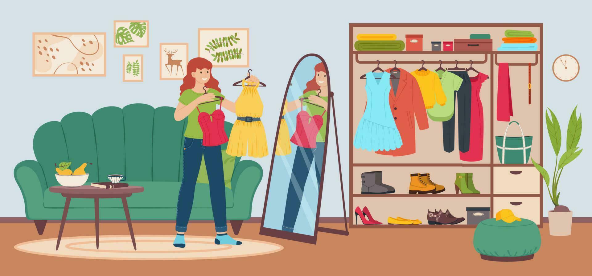 jong vrouw kiezen kleding naar slijtage in huis garderobe. meisje Holding kleren, proberen verschillend kleding en op zoek in spiegel vector illustratie