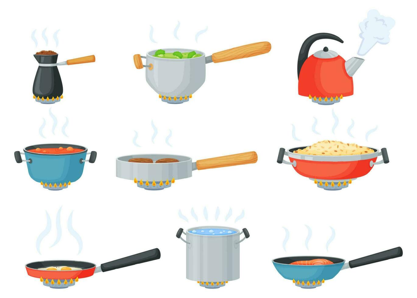 tekenfilm kookgerei Aan fornuis, Koken voedsel in frituren pan of pan. waterkoker met koken water, pot met soep, pannen Aan gas- brander vector reeks
