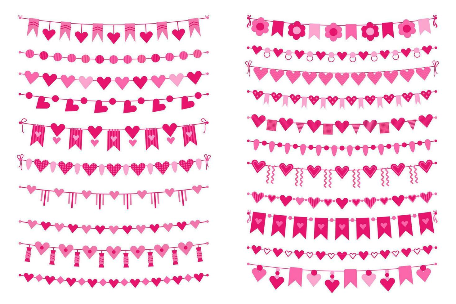 Valentijn vlaggedoek en slingers, roze harten decoratief vlaggen. bruiloft partij decoratie guirlande, schattig valentijnsdag dag feestelijk vlag vector reeks