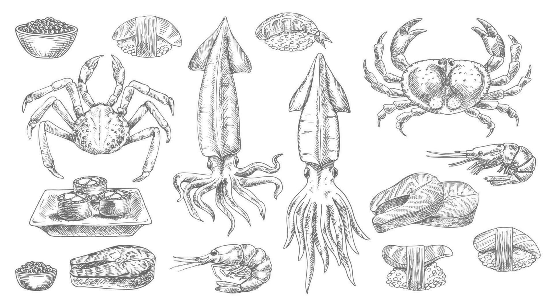 zeevruchten, schetsen voedsel van zee, vis en sushi pictogrammen vector