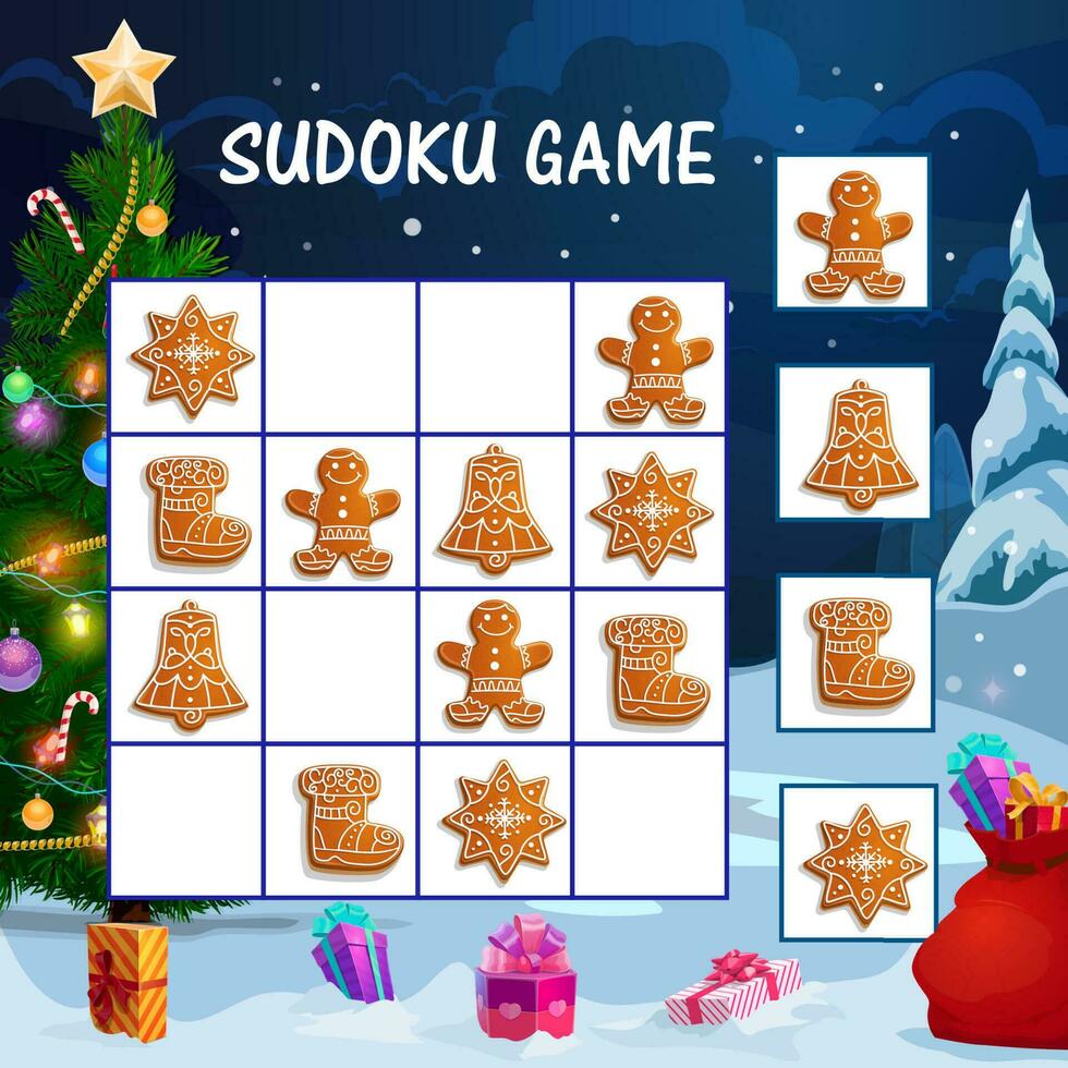 kinderen sudoku spel met Kerstmis peperkoek koekje vector