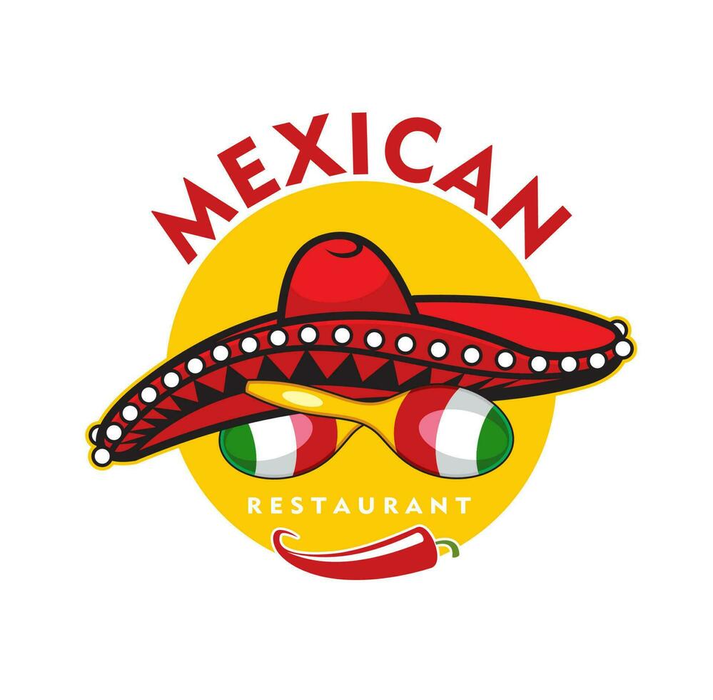 Mexicaans restaurant icoon, Chili, maracas, sombrero vector