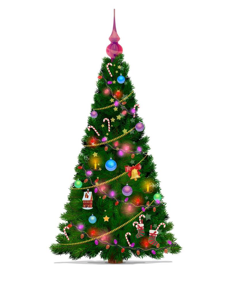 Kerstmis boom met ster, geschenk, bal decoraties vector