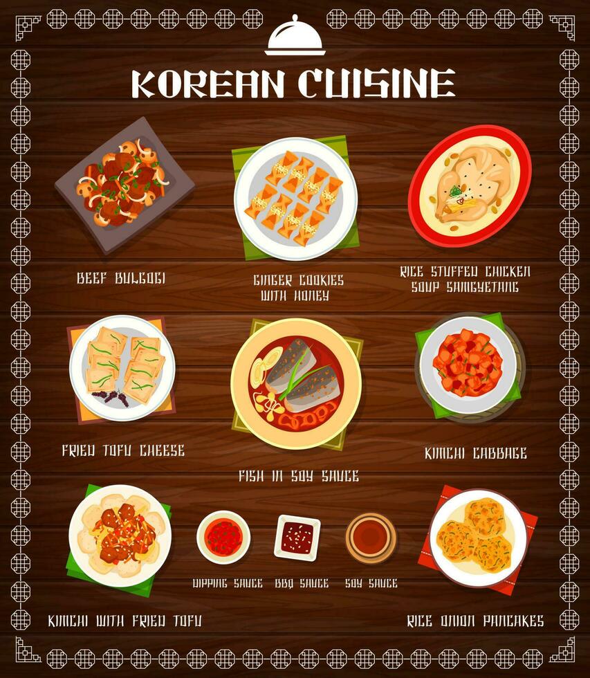 Koreaans voedsel keuken, menu borden, restaurant maaltijden vector