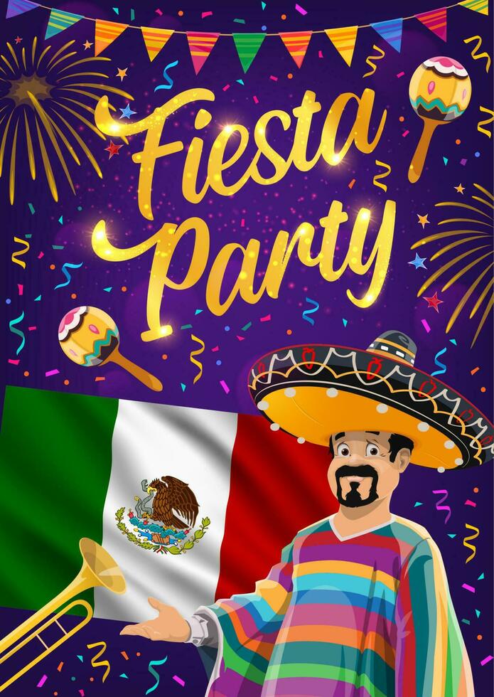 Mexicaans feest partij vlag, maracas en mariachi vector