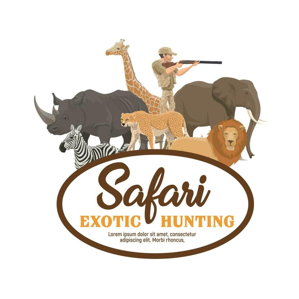 Afrikaanse safari jacht, jager en dieren trofee vector