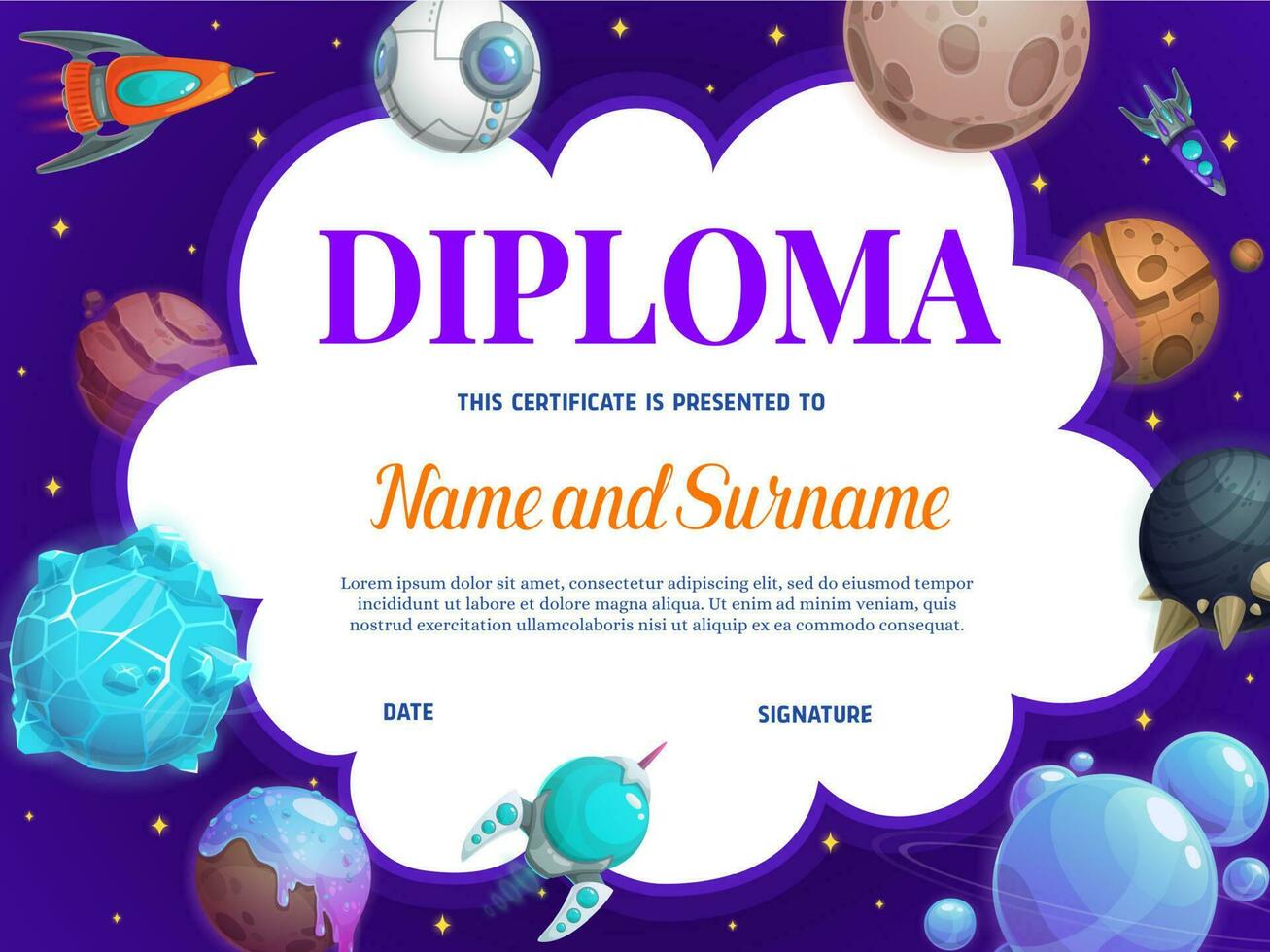 onderwijs school- diploma met fantasie planeten vector