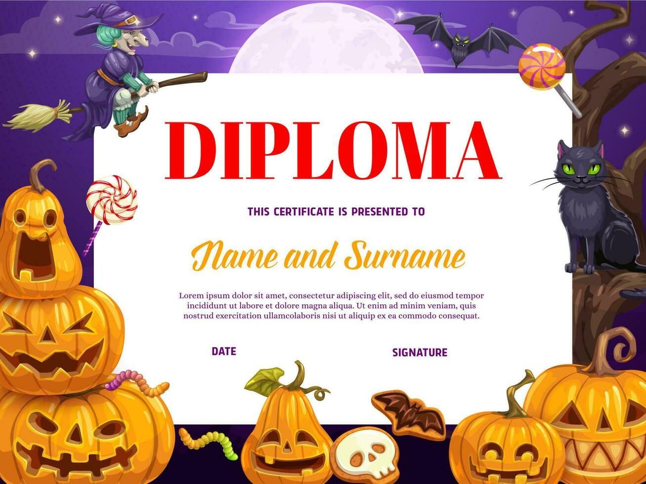 kind diploma, certificaat met halloween pompoenen vector