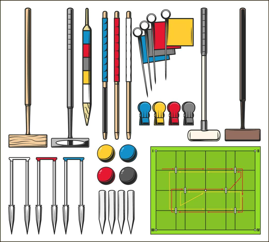 croquet sport spel veld- en uitrusting vector reeks