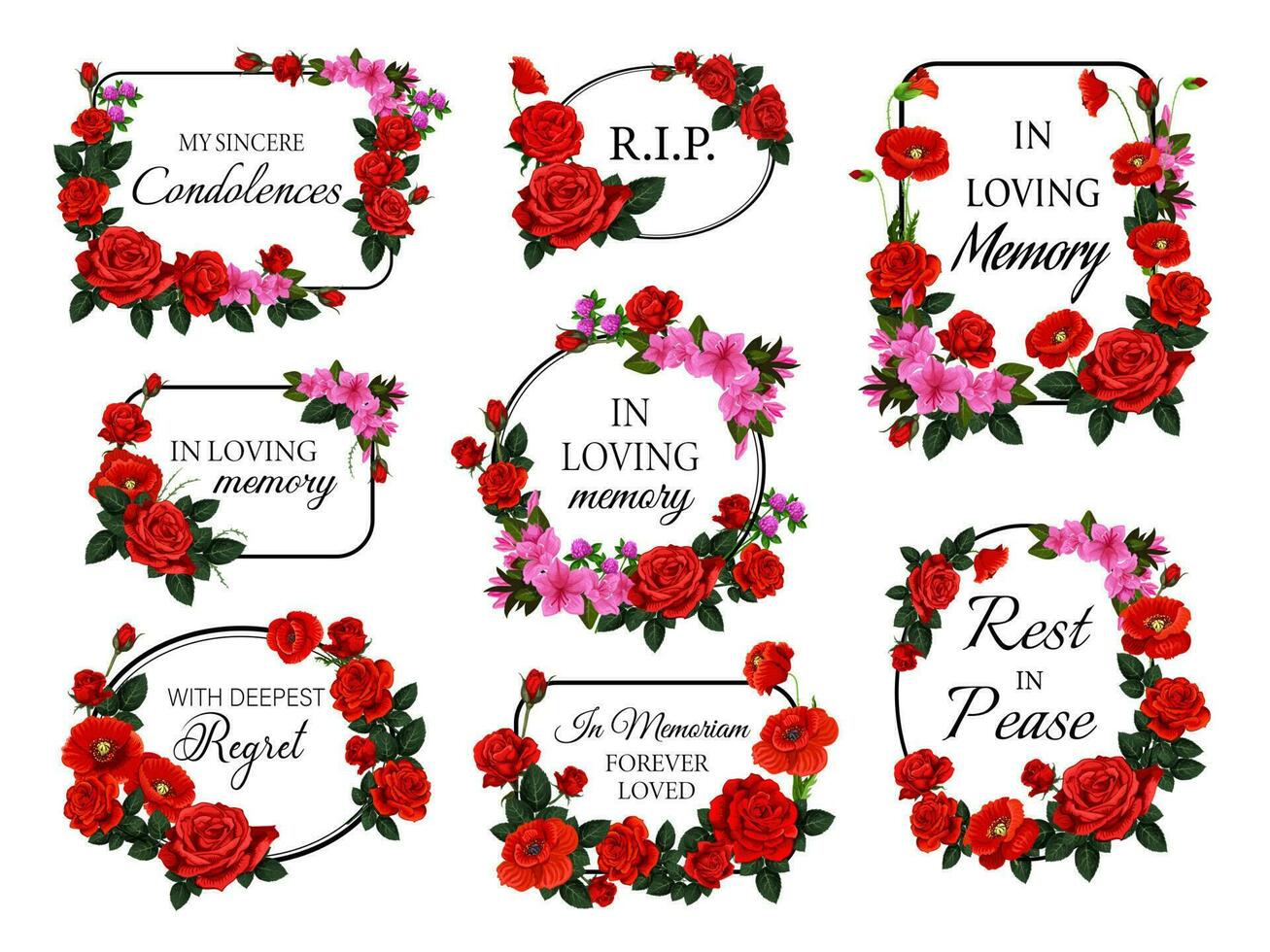 begrafenis kaders ronde, plein borders met bloemen vector