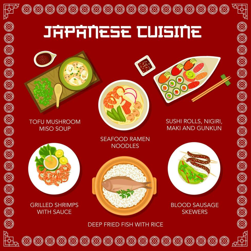 voedsel van Japan, Japans menu noedels ramen, sushi vector