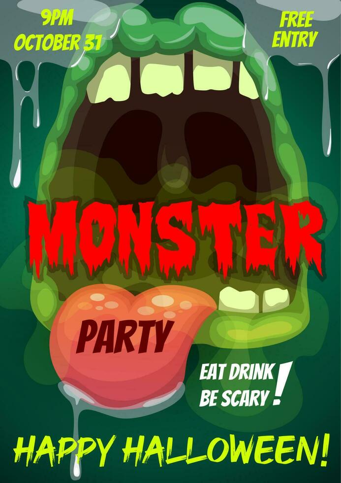 gelukkig halloween partij folder met monster mond vector