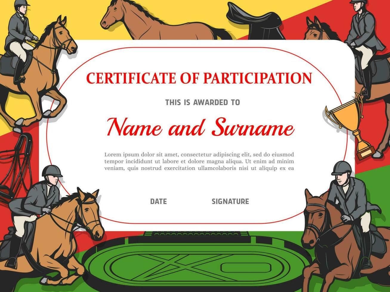 certificaat van deelname in paard ras diploma vector