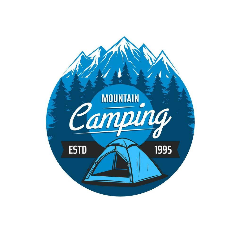 berg camping icoon, vector embleem, ronde etiket