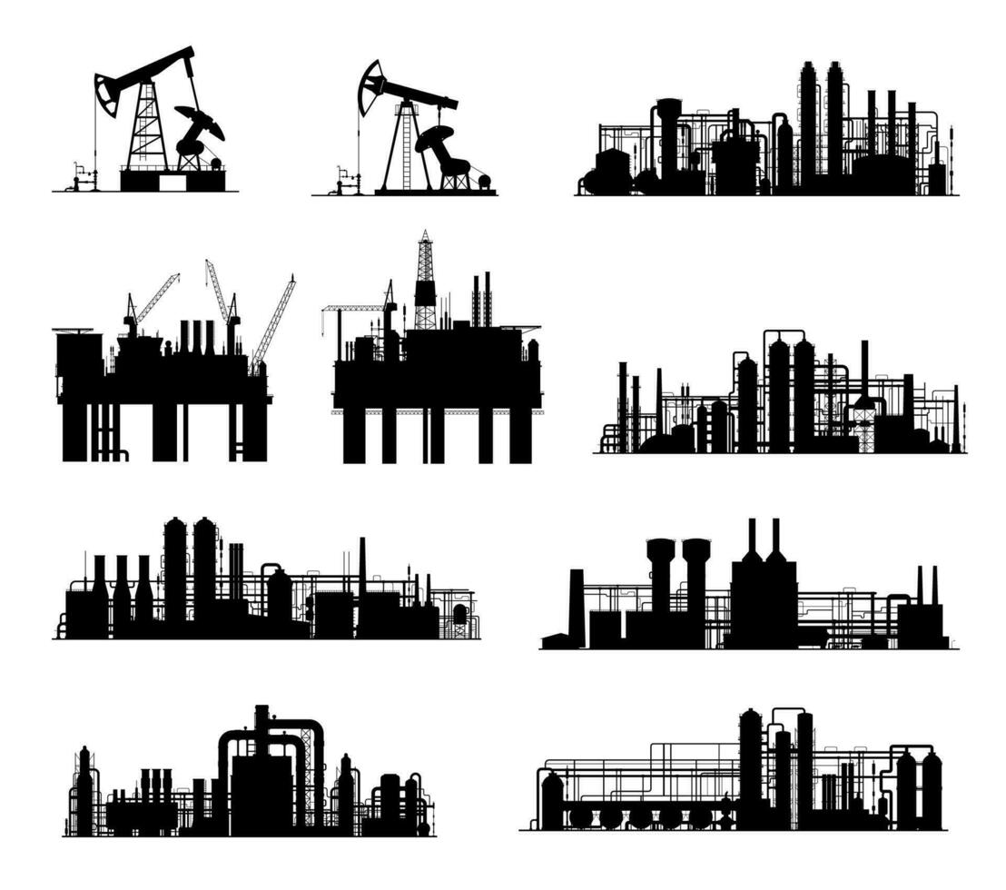 olie en gas- industrie silhouetten, raffinaderij en tuigage vector