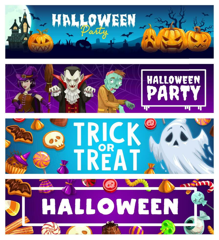 halloween partij spandoeken, pompoenen, geesten, snoepjes vector