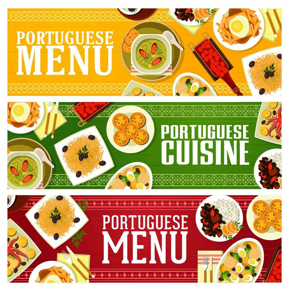 Portugees keuken voedsel banners met vlees, groenten vector