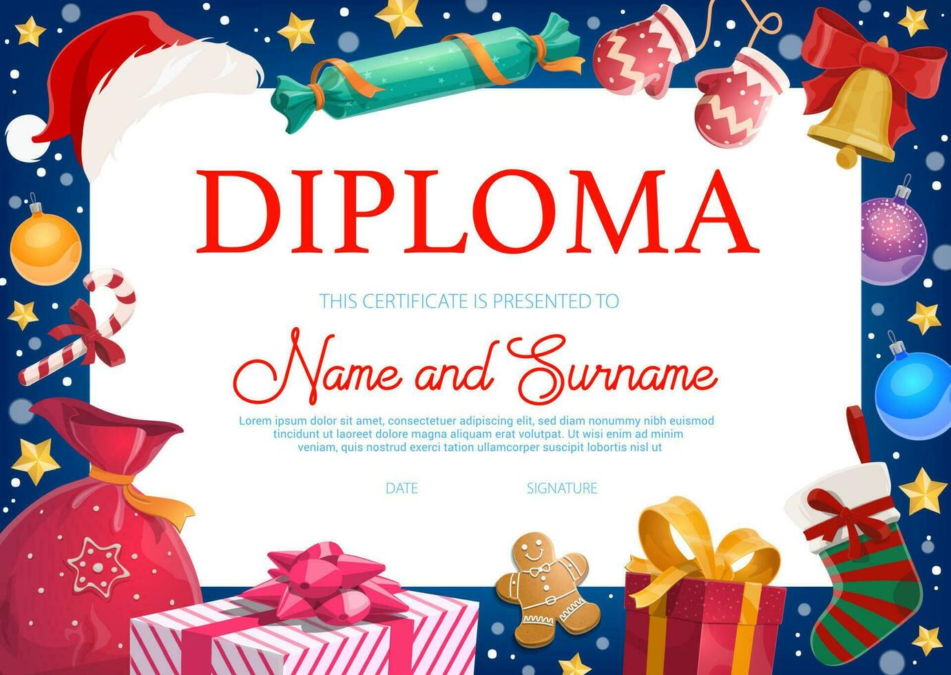 Kerstmis vakantie kinderen diploma met cadeaus vector