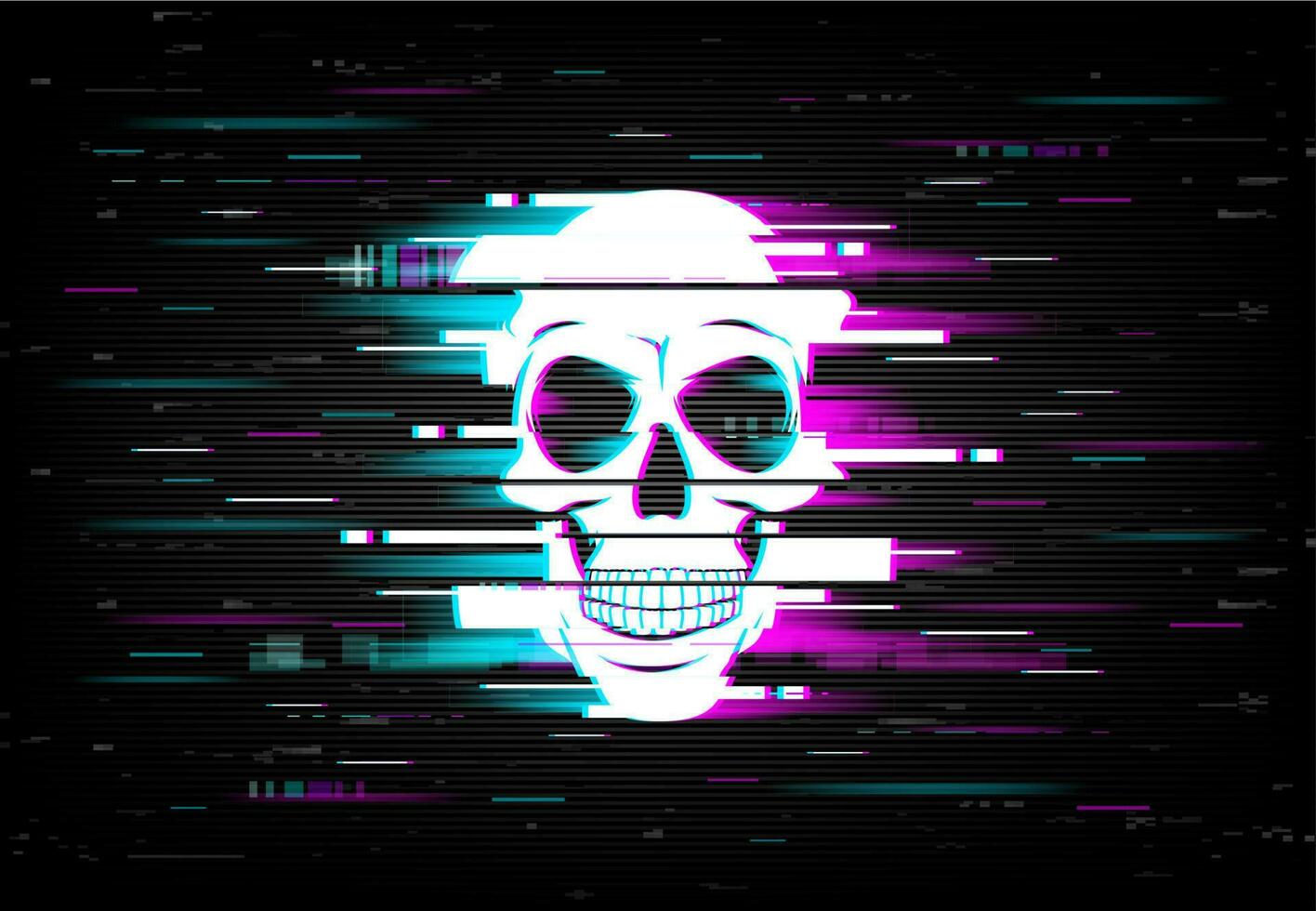 glitch Aan scherm met menselijk schedel vector backdrop