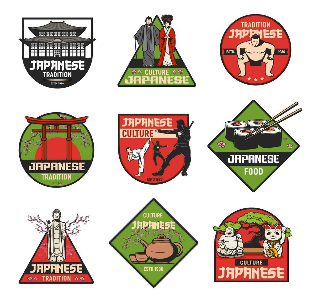 Japans cultuur en tradities vector retro pictogrammen