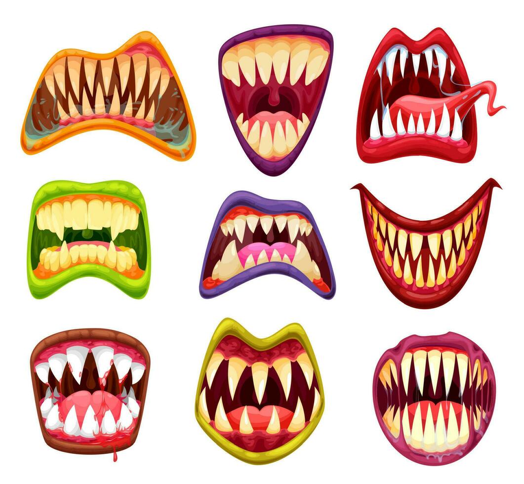 monster mond met tanden, tekenfilm kaken en tongen vector