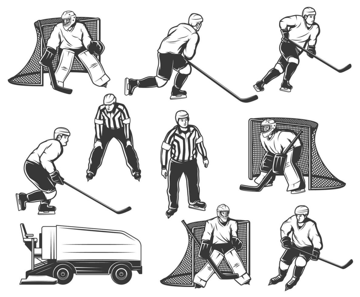ijs hockey spelers, scheidsrechter vector tekens reeks