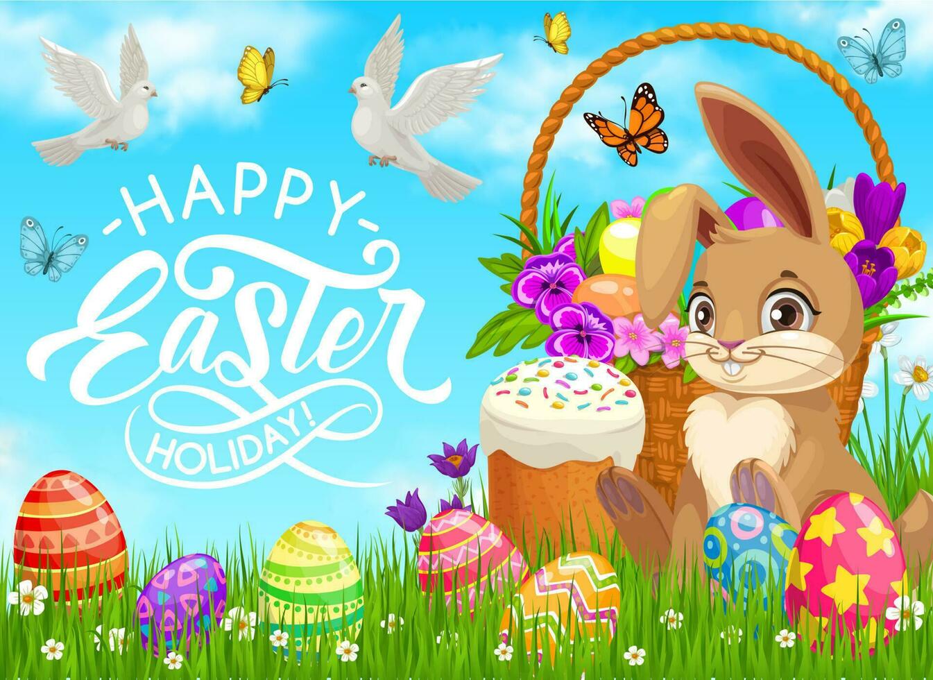 gelukkig Pasen vakantie poster met konijn en mand vector